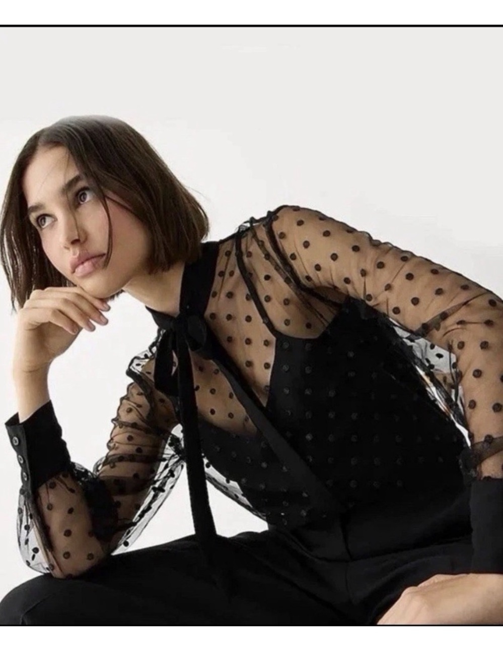 JCrew Sheer Polka Dot Tie-Neck Blouse - Black